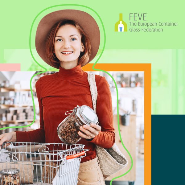 Lady with hat in supermarket holding glass bowl