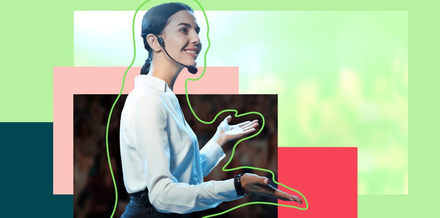 Lady with headset presenting
