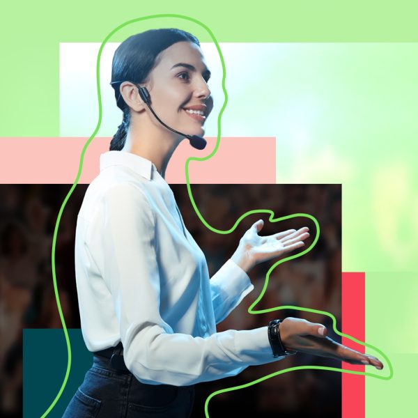 Lady with headset presenting