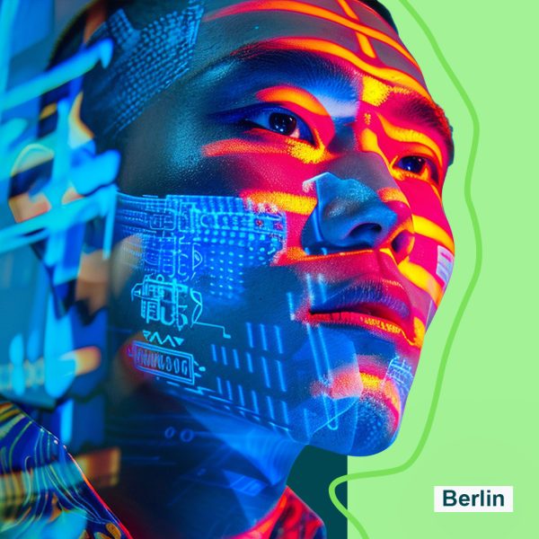 Cropped picture showing the face of a male illuminated with the reflection of technological symbols. Copy reads live in Berlin, Thursday 20th June