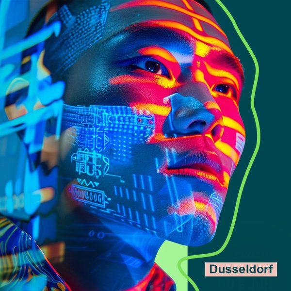 Cropped visual of the face of a male illuminated with the reflection of technological symbols. Copy reads live in Dusseldorf.