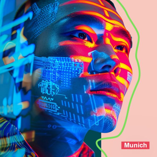 Cropped image of the face of a male illuminated with the reflection of technological symbols. Copy reads live in Munich.