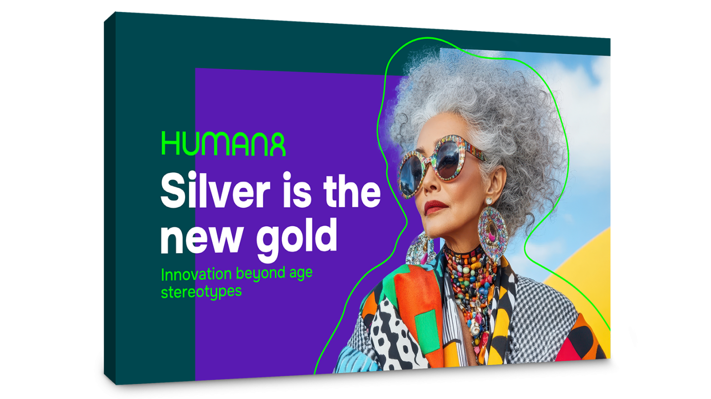 Report cover, showing a colourfully dressed woman with grey hair
