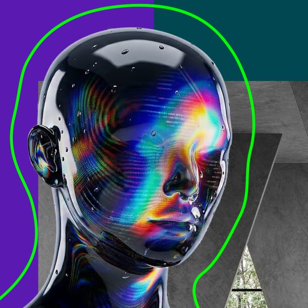 Robot/ AI face with lines of data