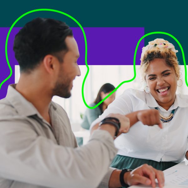 Man and women giving a fist bump
